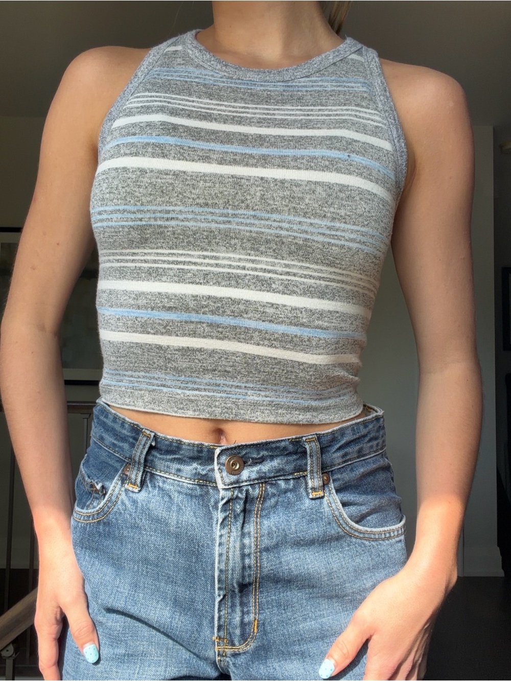 Wilfred Gray, White and Light Blue Striped Ribbed Tank